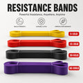 Resistance bands in yellow, red, black, and purple with weight ranges on a white background.
