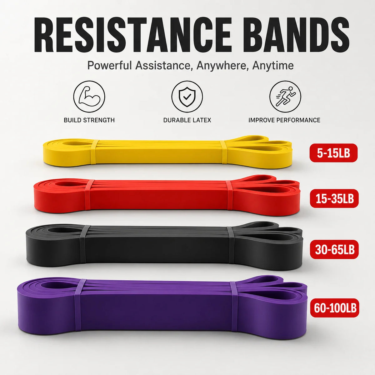Resistance bands in yellow, red, black, and purple with weight ranges on a white background.