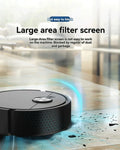 Robotic vacuum cleaner with text about large area filter screen on a blurred background