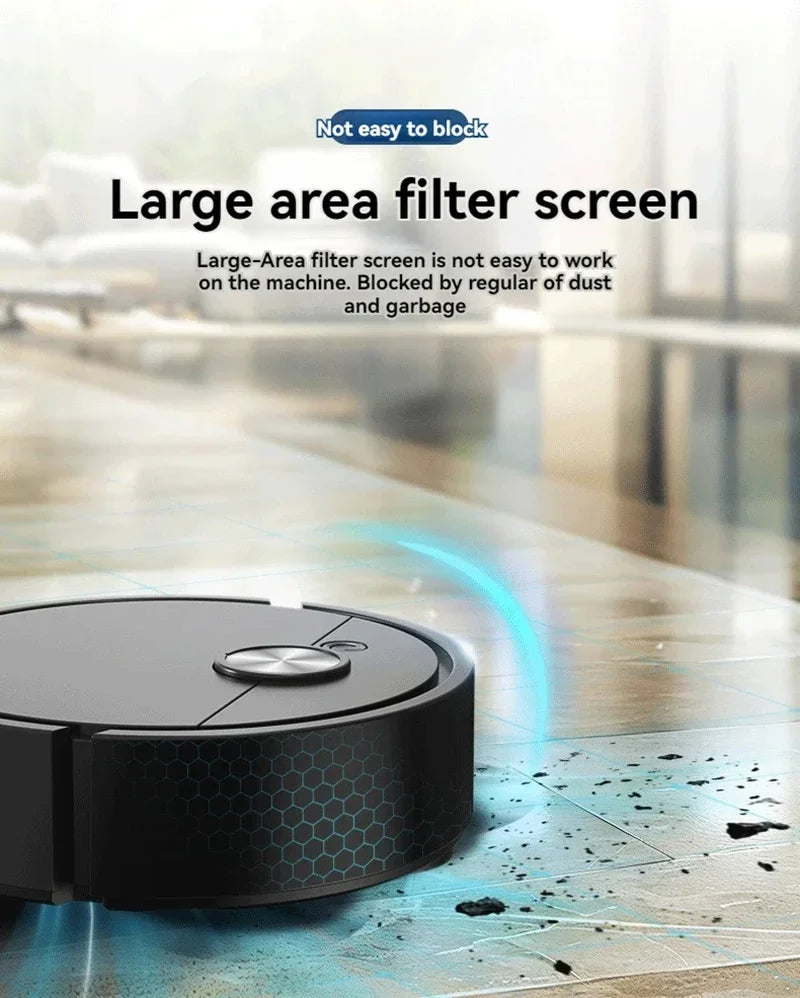 Robotic vacuum cleaner with text about large area filter screen on a blurred background