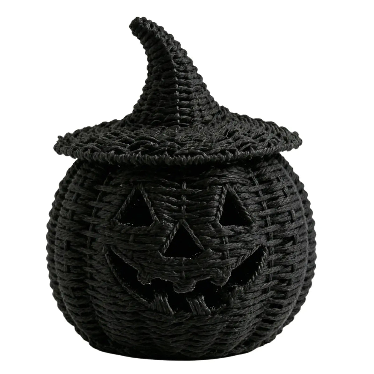 Black woven pumpkin lantern with a pointed witch hat lid, shown on a plain white background.