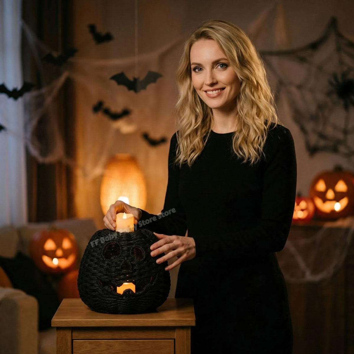A woman in a black long-sleeve dress stands in a Halloween-decorated room, holding a black woven jack-o'-lantern lantern with a lit candle inside. The background features hanging cobwebs, black bat cutouts, and glowing jack-o'-lanterns on a wooden table.