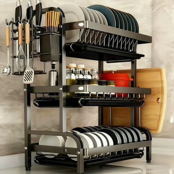 Large 2-3 Tier Vertical Dish Rack/Utensil Holder, Kitchen Storage Rack with Quick Drainage System, Knife and Fork Holder, Cutting Board Storage, Drying Rack - Heavy-Duty Carbon Steel Multifunctional Utensil Organizer, Suitabl