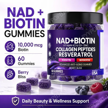 Biotin Collagen Gummies with NAD+ Resveratrol Vitamin D3 K2 Zinc Daily Beauty Wellness Supplement 60 Count Berry Flavor