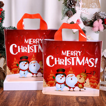 6pcs Merry Christmas Plastic Loot Bags with Handles Santa Claus Snowman Printed Gift Bag 2026 Xmas Party Supplies Gift Packaging