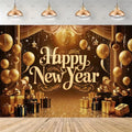 A festive New Year party backdrop featuring 'Happy New Year' in elegant gold lettering, decorated with gold balloons, hanging star ornaments, draped curtains, gift boxes, and warm hanging pendant lights above.