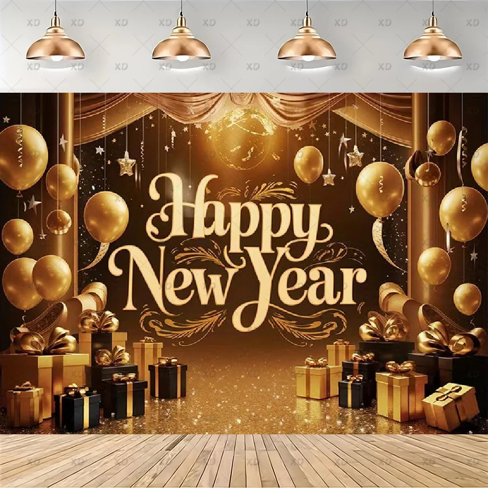 A festive New Year party backdrop featuring 'Happy New Year' in elegant gold lettering, decorated with gold balloons, hanging star ornaments, draped curtains, gift boxes, and warm hanging pendant lights above.