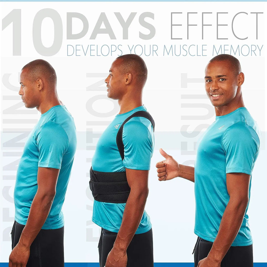 Black posture corrector with blue accents on a person wearing a white shirt.