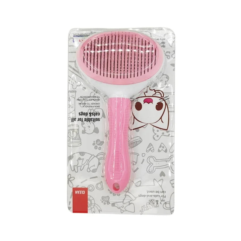 Pink pet grooming brush on a patterned packaging background