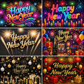 A 2x3 collage of six New Year's Eve and New Year's Day party graphics. The designs feature vibrant neon 'Happy New Year' text, fireworks, glowing candles, champagne flutes, ornaments, and wrapped gifts in festive gold, red, blue, and yellow colors against dark backgrounds.