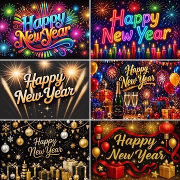 A 2x3 collage of six New Year's Eve and New Year's Day party graphics. The designs feature vibrant neon 'Happy New Year' text, fireworks, glowing candles, champagne flutes, ornaments, and wrapped gifts in festive gold, red, blue, and yellow colors against dark backgrounds.