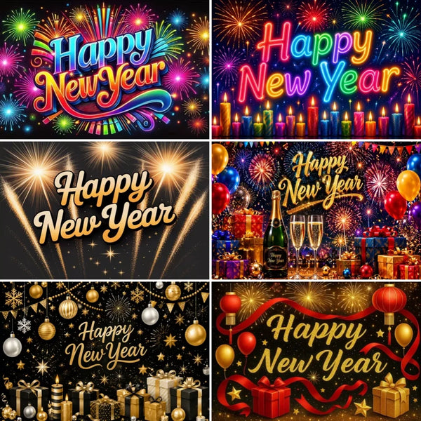 A 2x3 collage of six New Year's Eve and New Year's Day party graphics. The designs feature vibrant neon 'Happy New Year' text, fireworks, glowing candles, champagne flutes, ornaments, and wrapped gifts in festive gold, red, blue, and yellow colors against dark backgrounds.