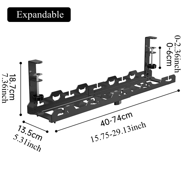 Expandable wall-mounted rack with dimensions labeled on a white background