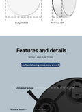 Technical specifications and features of an intelligent cleaning robot on a gray background