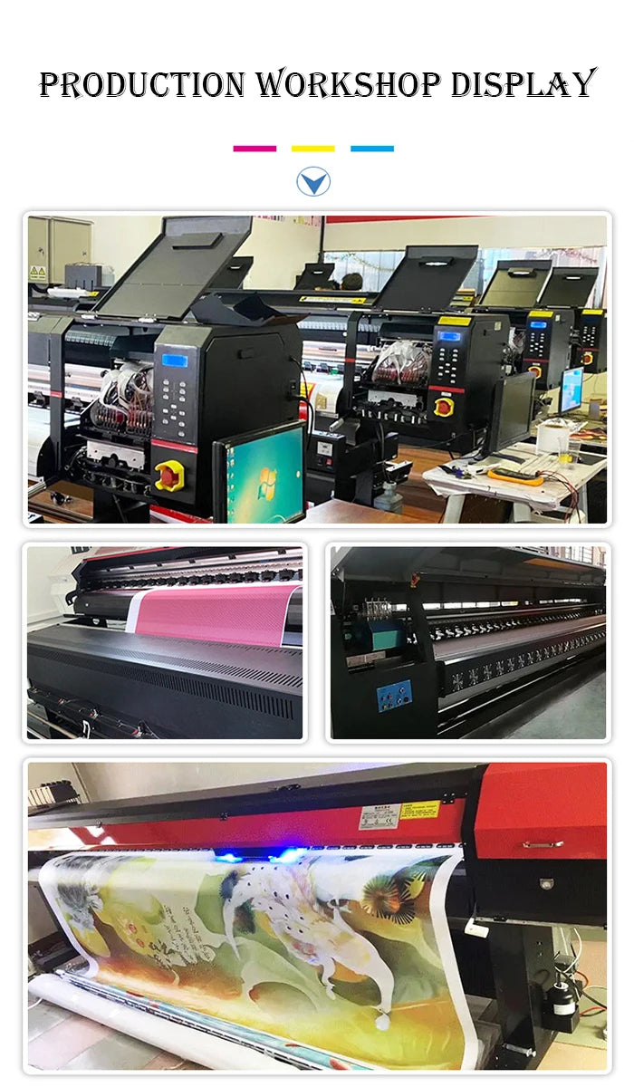 Collage of printing equipment and materials in a production workshop setting.