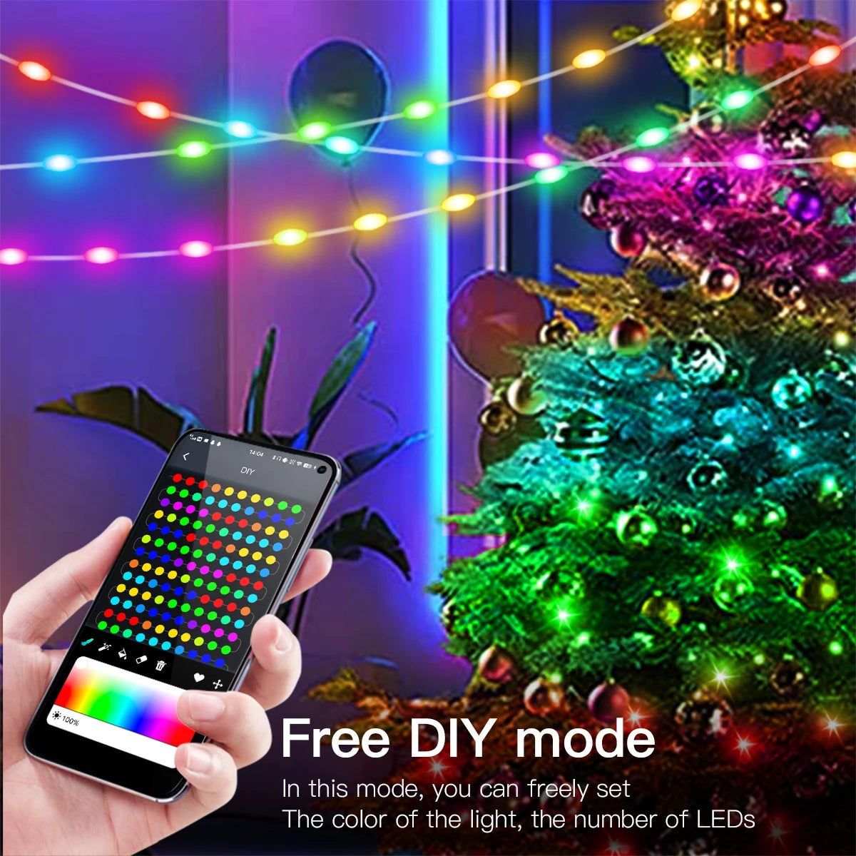 Smartphone controlling colorful LED string lights on a Christmas tree with free DIY mode text.