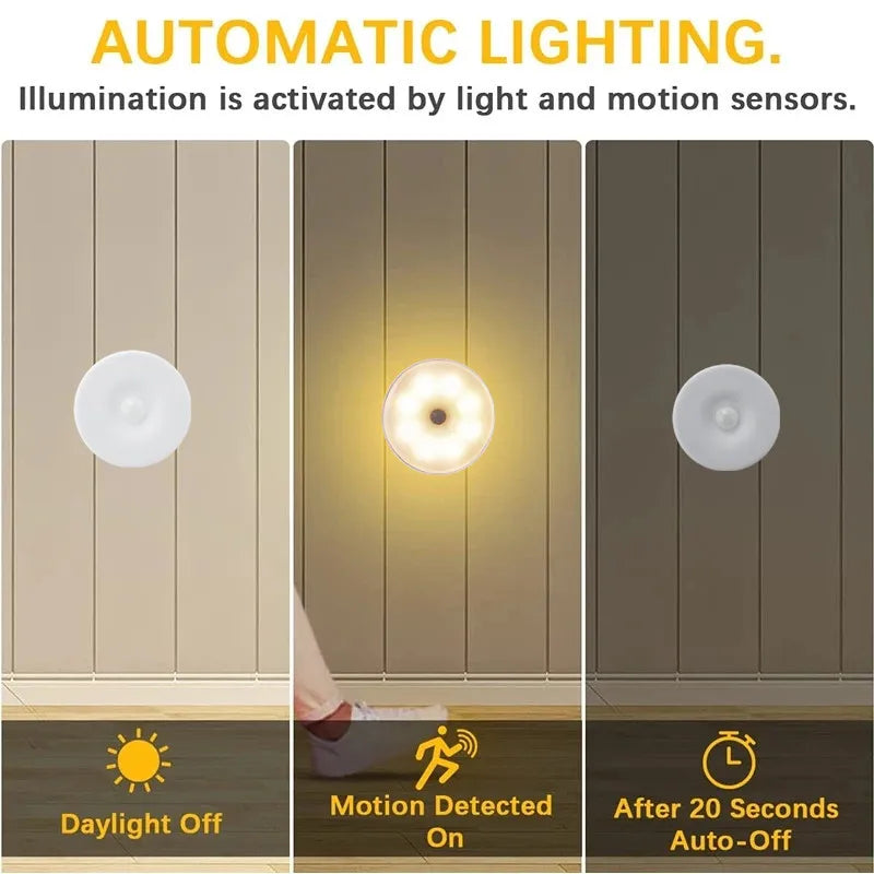 Automatic lighting system with light and motion sensors on a wooden surface.