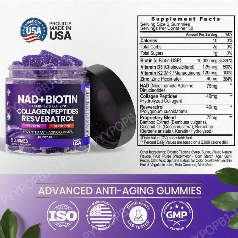 Biotin Collagen Gummies with NAD+ Resveratrol Vitamin D3 K2 Zinc Daily Beauty Wellness Supplement 60 Count Berry Flavor