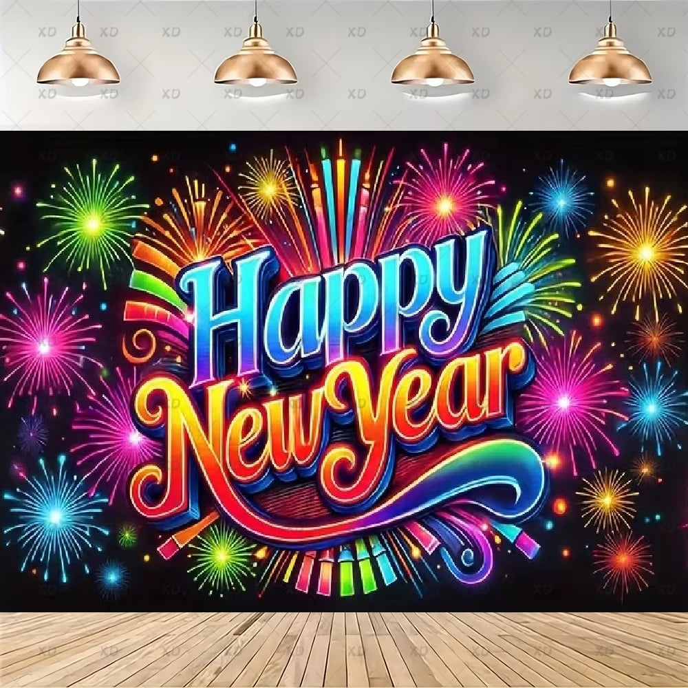 A colorful 'Happy New Year' wall mural or backdrop featuring vibrant neon-style lettering and fireworks on a black background, shown hanging in an interior with pendant lights and a wood floor.