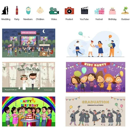 Collection of various themed cards including a festival, kids party, save the date, birthday, and graduation cards.