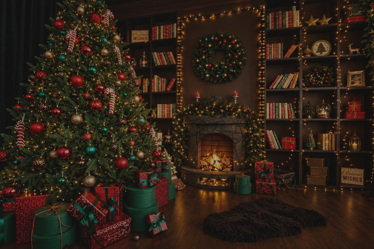 A beautifully decorated Christmas living room scene with a large green tree on the left, wrapped gifts, glowing string lights, bookshelves, a wreath, and a fireplace with a warm fire.